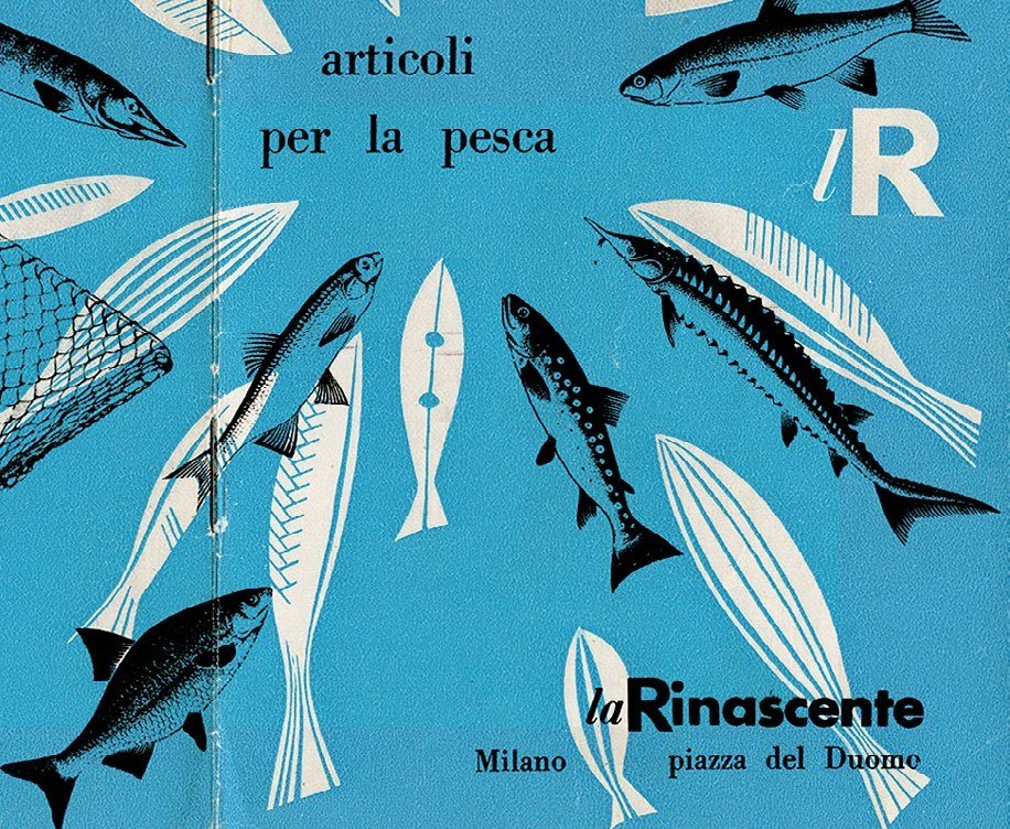 Copertina la Rinascente, articoli per la pesca, illustrazione di pesci